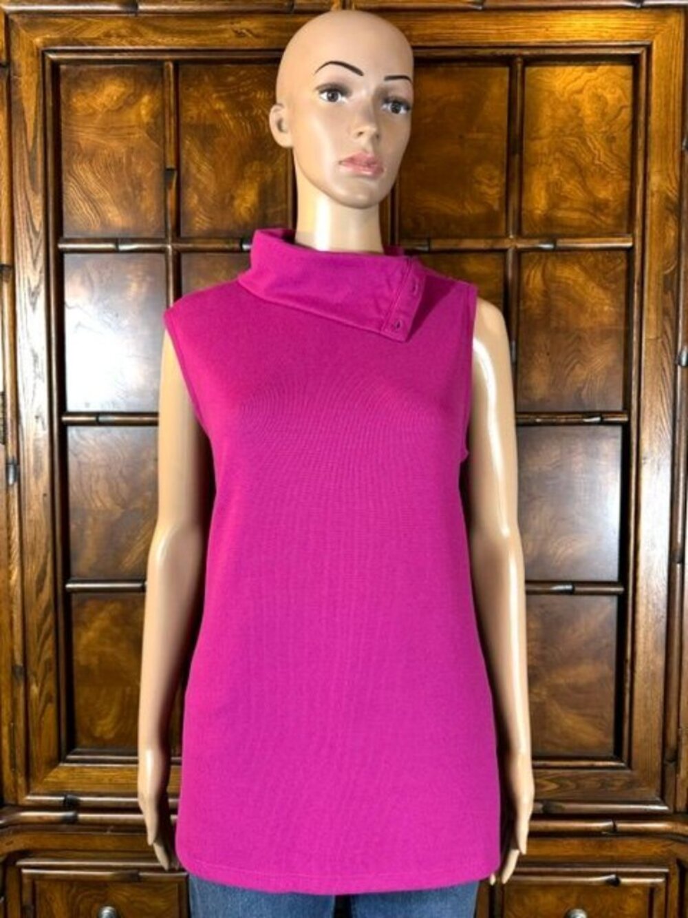 G by Giuliana Fuchsia Magenta Button Foldover Funnel Neck Sleeveless Sweater Top